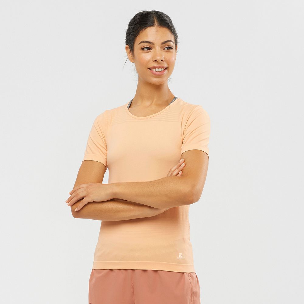 SALOMON ESSENTIAL MOVE ON SEAMLESS Philippines - Women's Tee Shirts - Beige | 634879-JYL